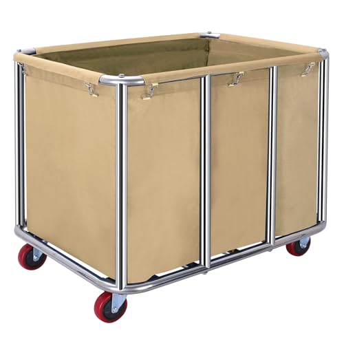 Commercial Laundry Cart with Wheels,Commercial Laundry Basket 11.35 Bushel(400L),Industrial Laundry Cart with Stainless Steel Frame and Oxford Cloth,440LB Load(Beige)