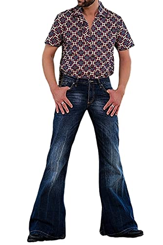 LINGMIN Men's Relaxed Stretch Bell Bottom Comfort Flared 60s 70s Vintage Stretch Jeans Retro Leg Disco Denim Jeans Darkblue