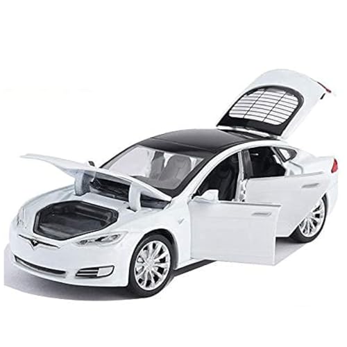 Image of DEOXY 1:32 Scale Tesla Model S Die-Cast Toy Car - White Electric Car Model with Openable Doors, Hood & Trunk, Pull Back Action, Light & Sound Effects - Metal Body for Kids (White)