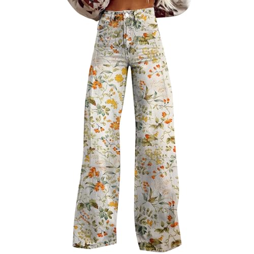Pantalon en jean des années 70 pour femme - Taille haute - Décontracté - Jambes larges - Vintage - Avec fleurs - Stretch - Pantalon de loisirs - Pour l'extérieur -...