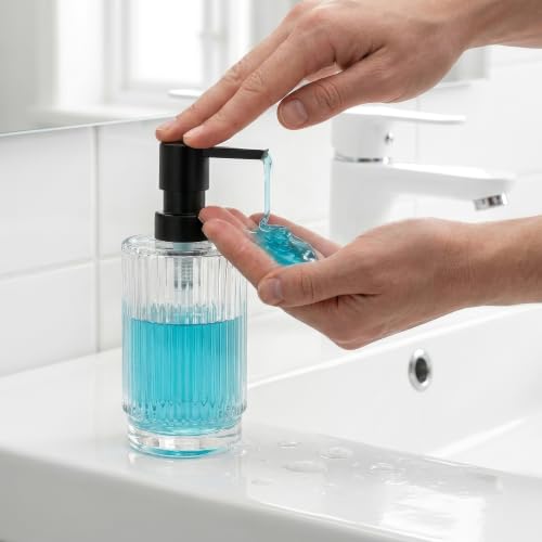 Image of VIMERPA Glass Soap Dispenser with Pump, 2 Pack 10 fl oz Clear Hand Soap Dispensers for Bathroom, Ribbed Style Dish Soap Dispenser for Kitchen, Modern Refillable Liquid Soap Pump Bottle