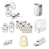 Kit completo de lactancia: 1 extractor de leche eléctrico, 1 biberón eléctrico y calentador de alimentos, almohadillas desechables para el pecho, biberones y tetinas, bolsas de almacenamiento de leche, bolsas esterilizadoras, 1 babero de leche