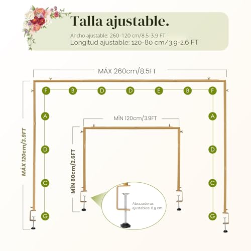 Miniatura 2 de Barra De Decoración De Mesa Dorada, Arco De Mesa Ajustable 120 260 Cm Con Pinzas, Barra De Metal Para Decoración De Mesa Para Bodas, Cumpleaños, Navidad, Fiestas