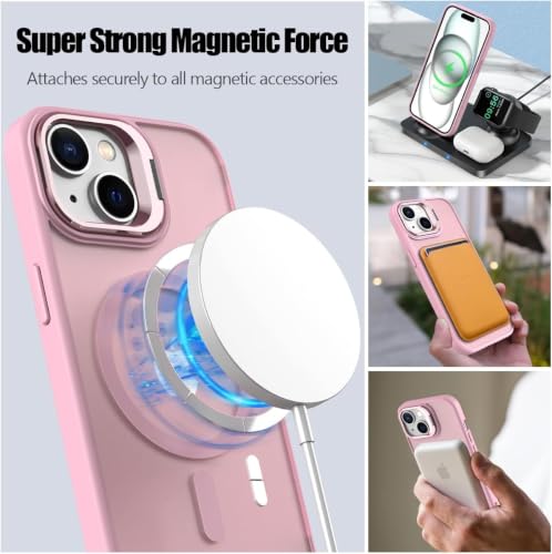 Image of Elzzi Kickstand Case for iPhone 15 Case Compatible with MagSafe, Built-in Adjustable Camera Guard Stand, Translucent Matte Anti-Fingerprint Heavy Duty Shockproof Phone Cover - Pink