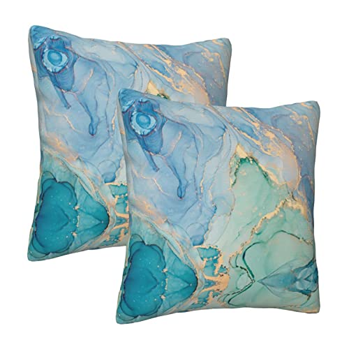 Teal Blue Marble Turquoise Gold Throw Pillow Covers 18X18 Pillow Case Farmhouse Pillow Cover Summer Square Cushion For Living Room Couch Sofa Bed Home Outdoor Indoor Decorative Set Of 2 #TOP1