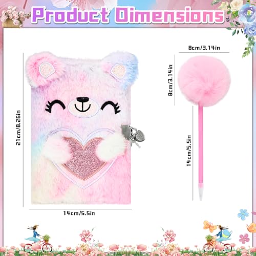 Fzyisw Plüsch Notizbuch Mädchen, Notizbuch Plüsch Bär mit Schloss, Tagebuch für Mädchen mit Pompon Kugelschreiber – Schreibwaren Geschenk für Kinder, Schule (Lila, Farbabweichungen möglich) (Rosa)