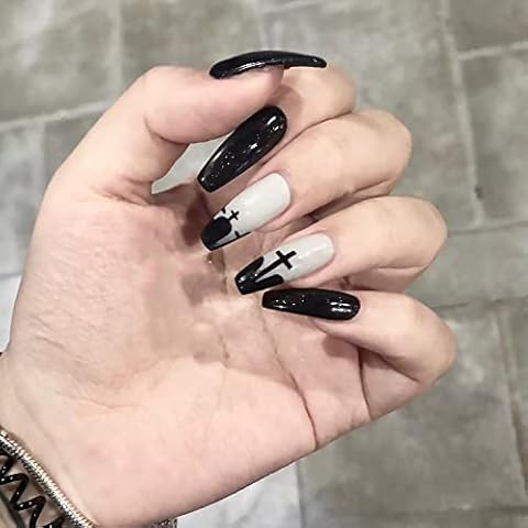 ookizom Halloween Press on Nails Medium, 24Pcs Fake Nails Coffin with Ghost Face Design, False Nails with Glue Acrylic Nails for Women and Girls, Fake Nails for DIY Halloween Decoration (Cross Tombstone) Cover
