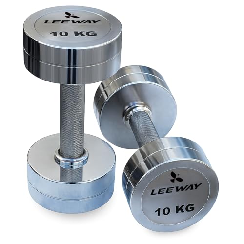 Image of Leeway Steel Dumbbell Set 10 Kg x 2 | Chrome Dumbbells for Home Gym | Rust-Resistant Non-Slip Grip | Strength Training Metal Dumbbell Set | Iron Dumbell | Round Dumble | (10kg X 2 = 20kg Chrome)