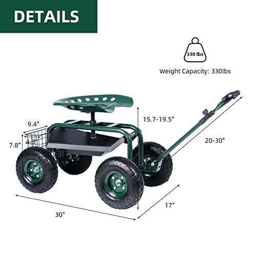Endynino Rolling Garden Cart Wagon Scooter Lawn Yard Patio Work Seat Gardening Stool Cart With Extendable Steer Handle And Storage Basket, Adjustable 360° Swivel Seat Outdoor, Green #TOP2