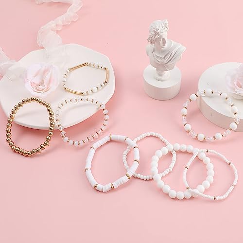 Ideajoy White Bracelet Bohemian Multi-Layer White Beaded Stacking Bracelets, 8 Pcs Versatile Strand Stretch Sparkly Crystal Beads Wrap Slip-On Cuff Bangle Set thumb #3