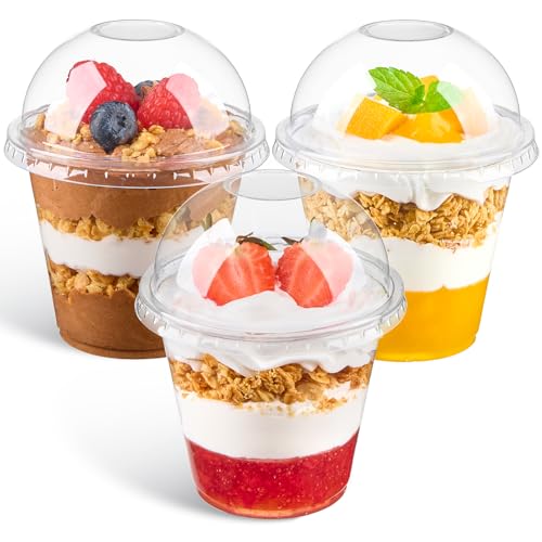 Qeirudu 50 Sets 9 Oz Clear Plastic Dessert Cups with Dome Lids No Hole Fruit Cups Small Disposable Cups with Lids for Parfaits Puddings Cakes Snacks Ice Creams Party Supplies