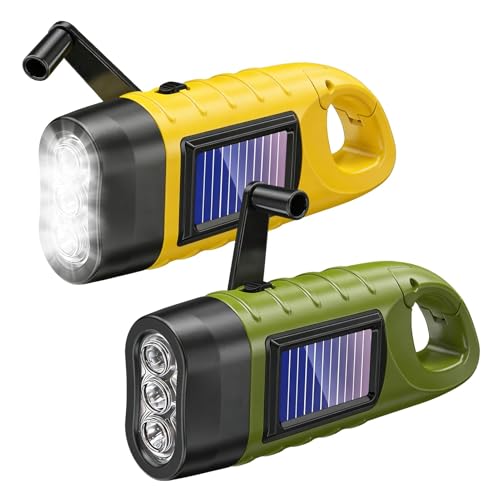 Paquete de 2 antorchas solares con manivela de mano, recargable, súper brillante, linterna LED de emergencia con gancho de mosquetón, dinamo portátil para camping, senderismo, equipo de supervivencia