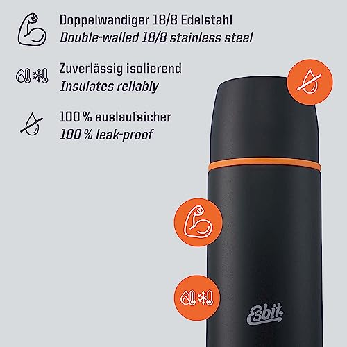 Esbit Edelstahl Isolierflasche Classic 1000 ml in Schwarz - für warme und kalte Getränke - Edelstahl Thermoflasche mit 2 Bechern