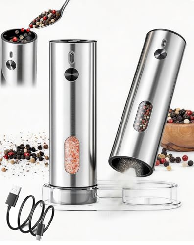 Moulin à sel et poivre électrique inoxydable, lot de 2, remplissage haut, 5 niveaux de mouture, 120ml, charge USB indépendante, socle et LED blanche - Argenté