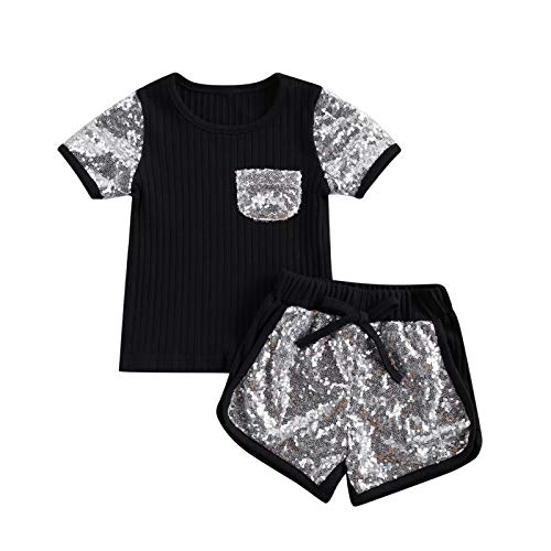 6M-4T Toddler Baby Girl Summer Clothes Set Cool Sequins T-Shirts Tees Tops Short Pants 2PCS Baby Girl Outfit Set (Black, 2T-3T)