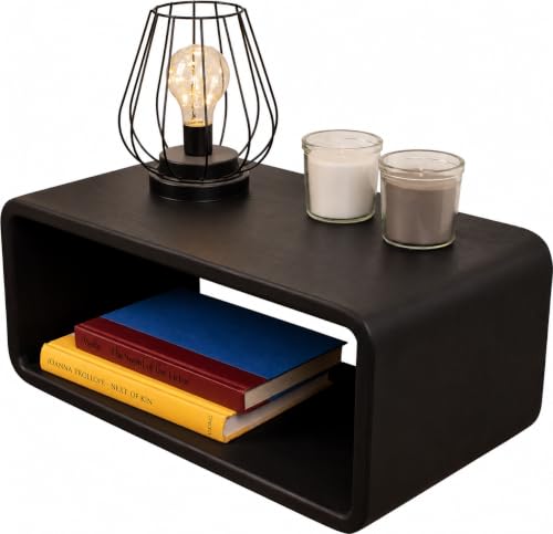 Image of UHUD CRAFTS Wooden Floating Nightstand with 2-Tier Storage, Wall Mounted Bedside Shelf, Floating Bedside Table for Bedroom, Space Saving Nightstand with Open Storage for Books & Plants - Black