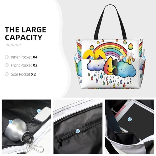 Large Capacity Beach Bag Waterproof Pool Tote for Gym Swimming Camping Carry On Bag Rainbow Cloud Raindrop Print4
