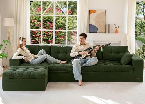 Image of MAXYOYO 132 inch L Shaped Modular Sectional Sofa with Ottoman, Cloud Boneless Couch with Layered Cushion, Upholstered Sofa in a Box, Flexible Module Combination for Living Room, No Assembly, Dark Green
