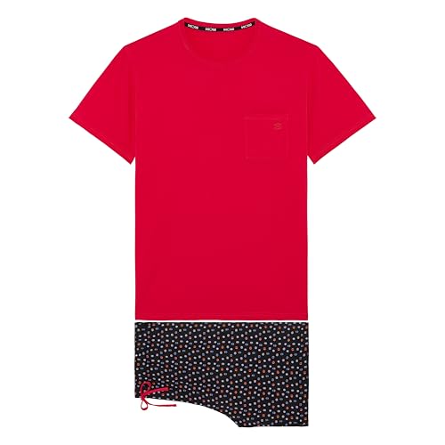 HOM - Pijama corto Charli, Parte superior: Rojo Unibas: Estampado Lunares Multico Fondo Negro, M