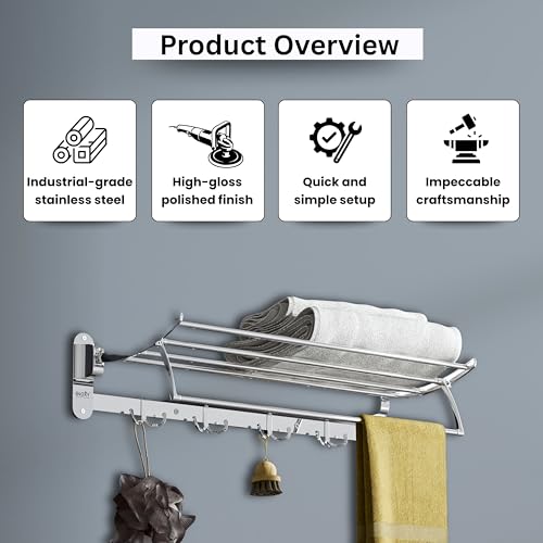Image of Gloxy Bathroom Accessories Set Towel Rack for Bathroom 24 Inch - Bathroom Towel Hanger for Wall - Towel Stand for Bathroom - Towel Holder in Bathroom, Kithcen, Hotels, Etc.(Chrome, Foldable, 1pc)