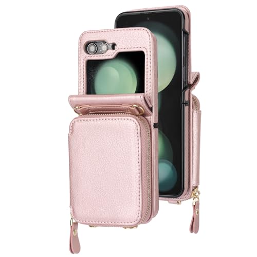 Étui en cuir Galaxy Z Flip 7 chic avec bandoulière et fentes cartes rose