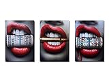 Red Lips Series: 【Bite】-Spray Painting Core Modern Fashion Sexy Red Lips Nordic Style Room Decoration Painting Wall Painting Wall Art Pictures Set of 3（11.8'X15.75'）【No Frame】