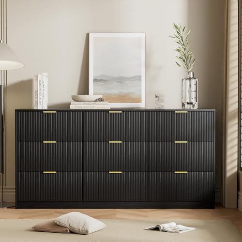 Image of Furniway Black 9 Drawer Dresser for Bedroom, 63 inch Wide Fluted Wood Dresser