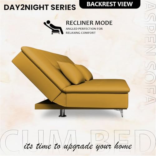 Image of Adorn India Premium New Aspen 3 Seater Sofa Cum Bed 4X6 Velvet Suede with 2 Cushions (Color Yellow) and Suitable for All Indoor, with 3 Years Warranty