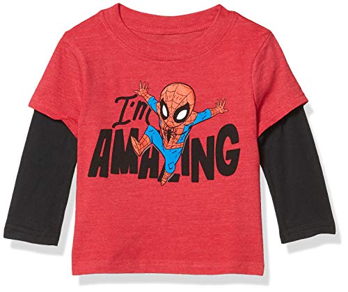 Marvel Spiderman Boys' Toddler Amazing Spider-Man Avengers Long Sleeve Doubler T-Shirt, Red Heather/Black, 5T