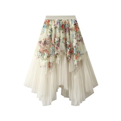 Women's Floral Tulle Skirt High-Low Hem Midi Skirts Elastic High Waist A-line Vintage Renaissance Skirt