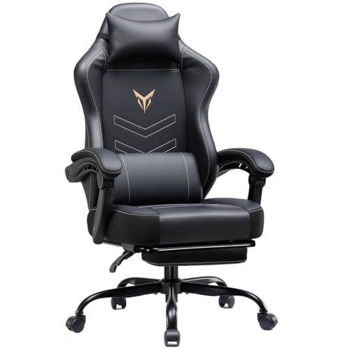 Image of GTPLAYER Gaming Chair, Office Chair High Back Computer Chair with Foot Rest for Adults, Leather Desk Chair Executive Ergonomic Height Adjustable with Headrest and Lumbar Support, 300lbs Dark Black