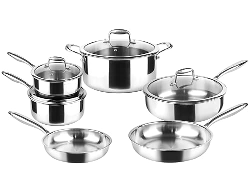 La Moustache - Juego de Ollas y Sartenes【10 Piezas】Batería de Acero Inoxidable Ø16, 20, 24 cm + Tapas de Vidrio sin PFOA para Todas las Cocinas, Incluso Inducción, Apta para Lavavajillas (Titan Inox)