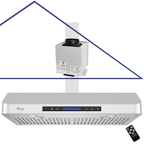 Awoco RH-SP06-T Super Quiet Split Stainless Steel Range Hood, 4 Speeds, 6" Round Top Vent, 800CFM, with LED Lights (30"W 6" Vent)