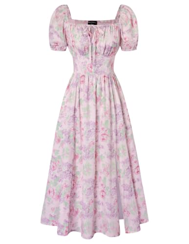 Image of Scarlet Darkness Summer Spring Split Floral Corset Midi Dress with Pockets | Floral dress with elastic sleeves, tie square neck, smocked back, 3 boned waist, left zip, side pockets, front thigh slit