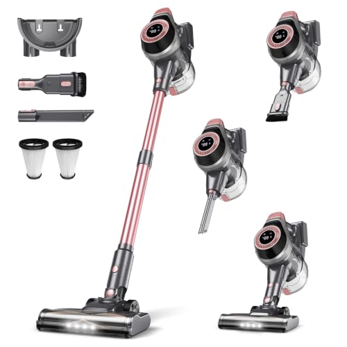 Image of Dzaki N1 Cordless Vacuum Cleaner, 400W 35KPa Cordless Vacuum Cleaner for Home, Cordless Stick Vacuum with LED Display, Anti-Tangle Self-Standing Rechargeable Stick Vacuum (Pink)