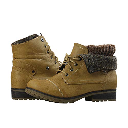 Women’s Knitted Cuff Ankle Booties Lace up Combat Boots Folded Collar Stylish Snow Boots Hiking Shoes