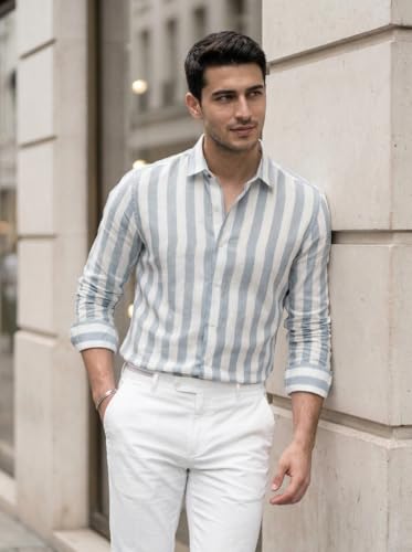 Image of IndoPrimo Men's Striped Cotton Shirt | Slim Fit Stylish Casual Shirt for Man | Full Sleeve Summer Wear Vertical Stripe Shirt for Office, Vacation