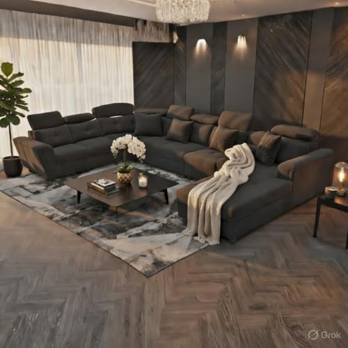 Image of Mishel 12 Seater Sofa Set for Living Room | Sectional U Shaped 12 Seater Sofa with Storage & Cupholder (Dark Grey Fabric, RHS)
