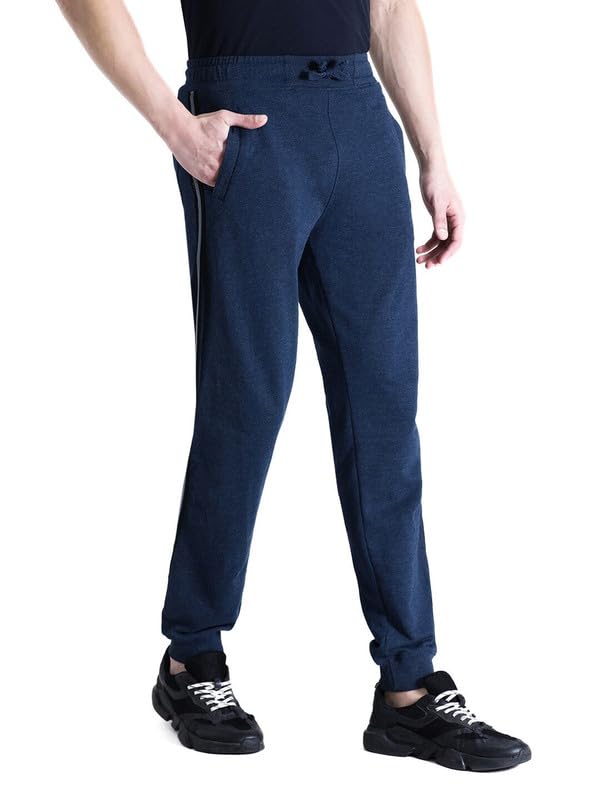 Image of CROCODILE Men Solid French Terry Joggers | Classic Fit | Mid Rise | Drawstring Closure | Ankle Length | Casual Wear Navy Melange