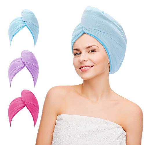 Hair Towel Wrap for Women, Microfiber Bath Shower Hair Towel Twist with Buttons Hair Turbans for Wet Hair - 3 Pack