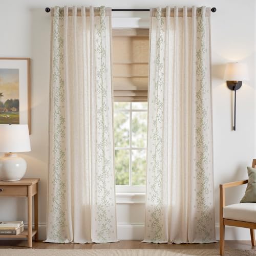 Image of jinchan Floral Linen Curtains, Back Tab 50x96 Inch, 2 Panels Sage