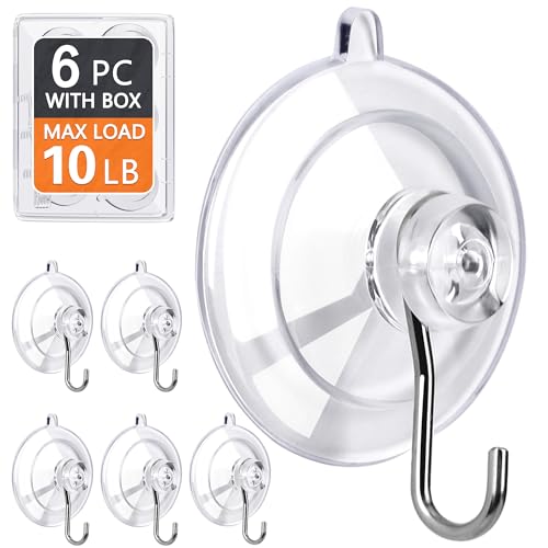 Image of KORCCI Suction Cup Hooks 6Pack - Max Load 10LB, No Trace, Reusable & Removable, 1.77Inch Clear Medium Suction Cups, Stainless Steel Hooks, for Tile, Glass, Window, Shower, Kitchen, Bathroom, Decor