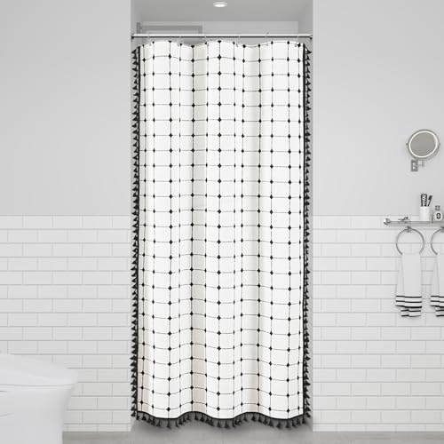 Image of BTTN Boho Shower Stall Curtain - 36x72 Narrow Linen Ultra Thick Tassel Fabric Cloth Shower Curtain Set with 6 Plastic Hooks, Half Modern Farmhouse Country Shower Curtains for Bathroom, White and Black