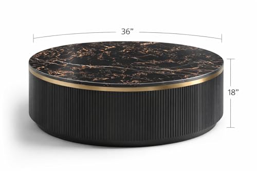 Image of WOODEN SPACE Premium Luxury Royal Pearl Marble-Top Coffee Table with Iron Legs & PVD Coating | Modern Round Wooden Center Table for Living Room & Entryway (Black, 36 Inch)