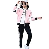 YFPICO Kinder Mädchen Jogginganzug Sportswear 3-teiliges Sportset Jacke Sporthose Sweatshirt Bottom Jogging Suit, Rosa, 134/140