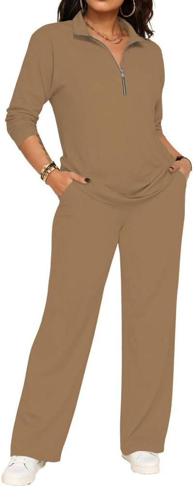 PINSV Women's 2 Piece Outfits Sweatsuit Lapel Half Zip Sweatshirts Wide Leg Pants Set Tracksuit - Image 2