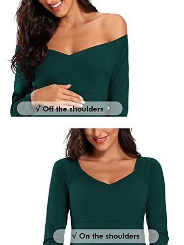 Ecavus Women's Off Shoulder Maternity Dress Slim Cross-Front V Neck Long Sleeve Gowns For Photoshoot #TOP3