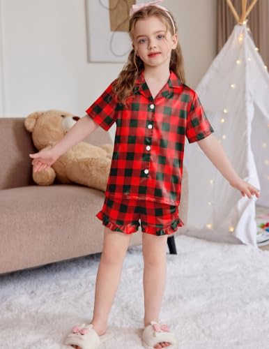 Image of Arshiner Girls Pajamas Silk Satin Pajama Set Button Pjs Ruffle Sleepwear | 2 Piece Nightwear, Silky Soft Lounge for Little & Big Kids, Ideal for Sleeping and Sleepover Party