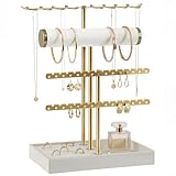 VIRETH HAUS Organisateur de Bijoux à 4 Niveaux, Porte Bijoux Doré en Métal avec Plateau en Velours Beige, Support à Bijoux pour Colliers, Bracelets, Boucles d’Oreilles et Bagues, Cadeau pour Femme
