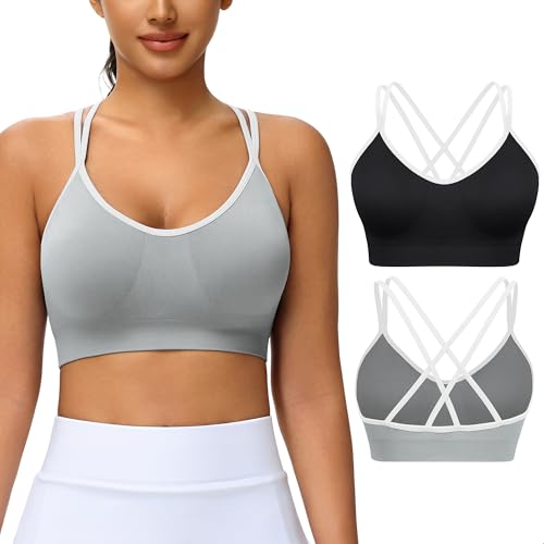 Image of VEQKING Strappy Cross Back Women Sports Bra Pack for Medium Support Workout | Removable Padded Cups, Spaghetti Strap, Comfort Seamless Wirefree, Soft Breathable Fabric, for Gym /Yoga /Pilates /Walking /Daily